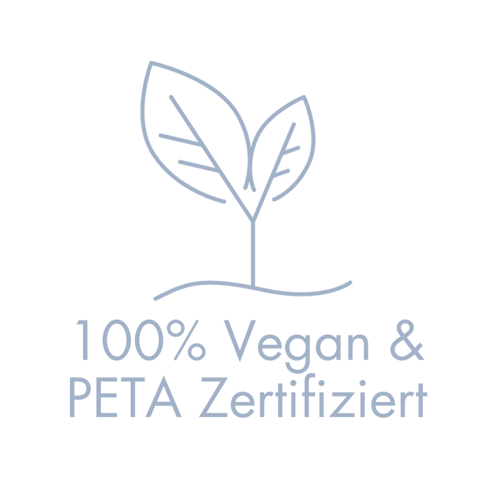 Ein blaues Icon mit einer Pflanze die aus der Erde wächst mit Unterschrift 100% Vegan und PETA zertifiziert