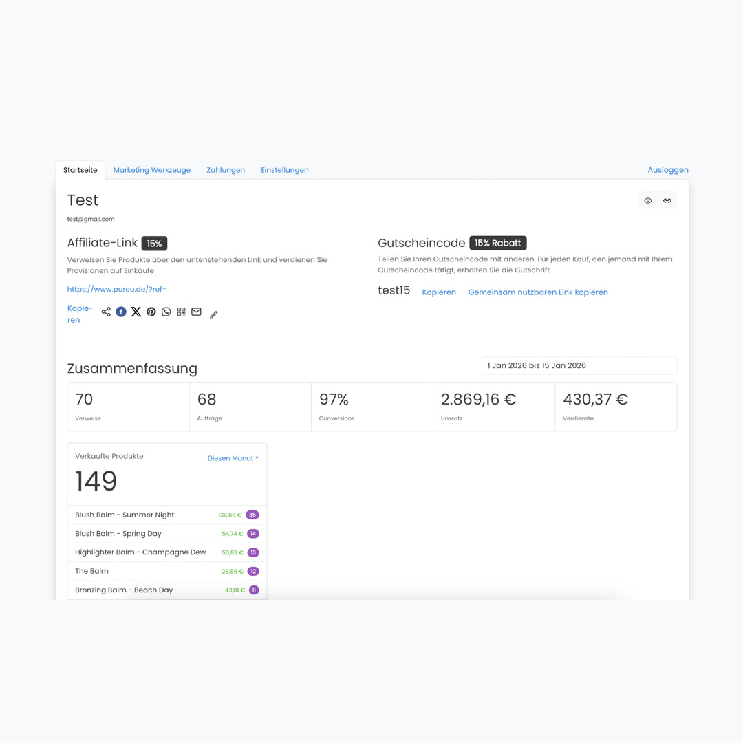 Creator Affiliate Pogramm Einnahmen Dashboard